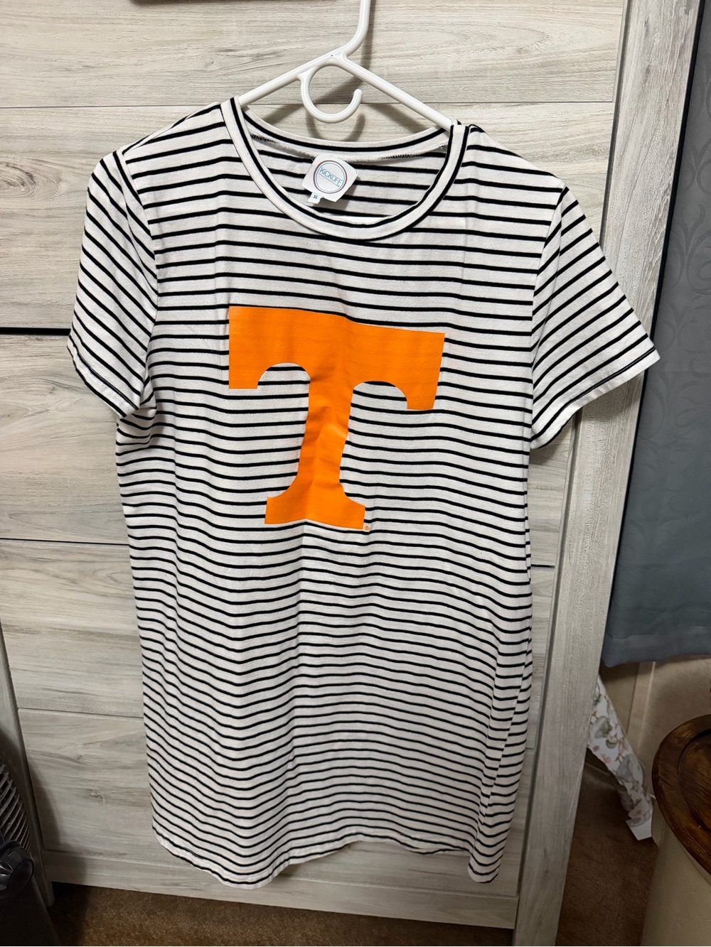 Striped Tee Dress with Bold Orange T Logo